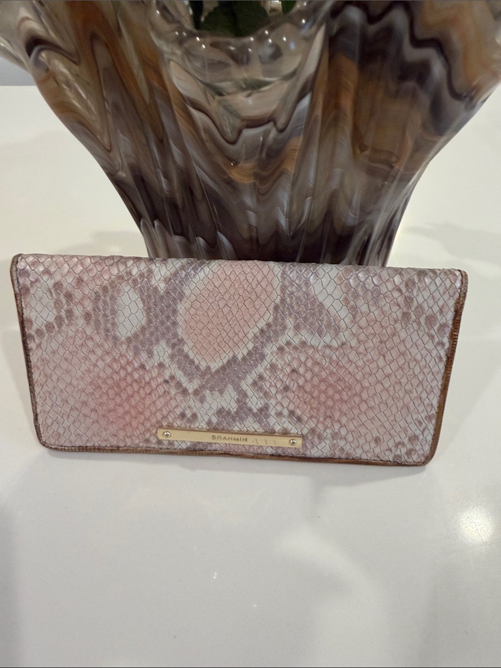 Brahmin Ady leather Stunning Pink Snake-Print Wallet with Gold Accent -